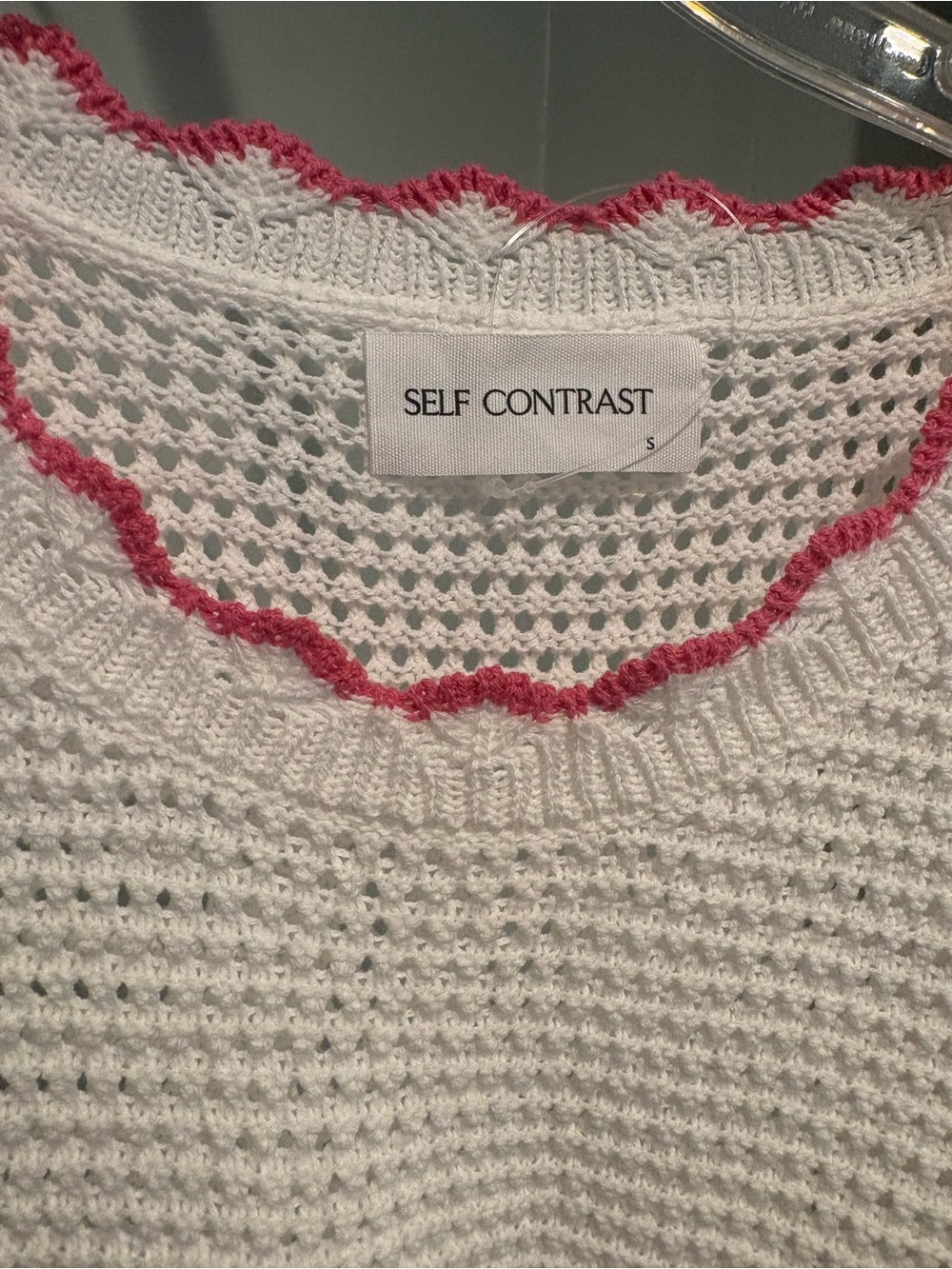 Anthropologie Self Contrast White Open-Knit sleeveless Sweater with Pink Trim, s